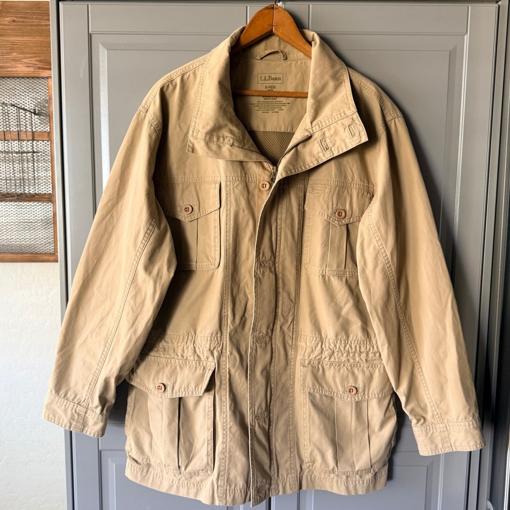 LL Bean Vintage Mens Cotton Safari Utility Field Jacket,Tan, S